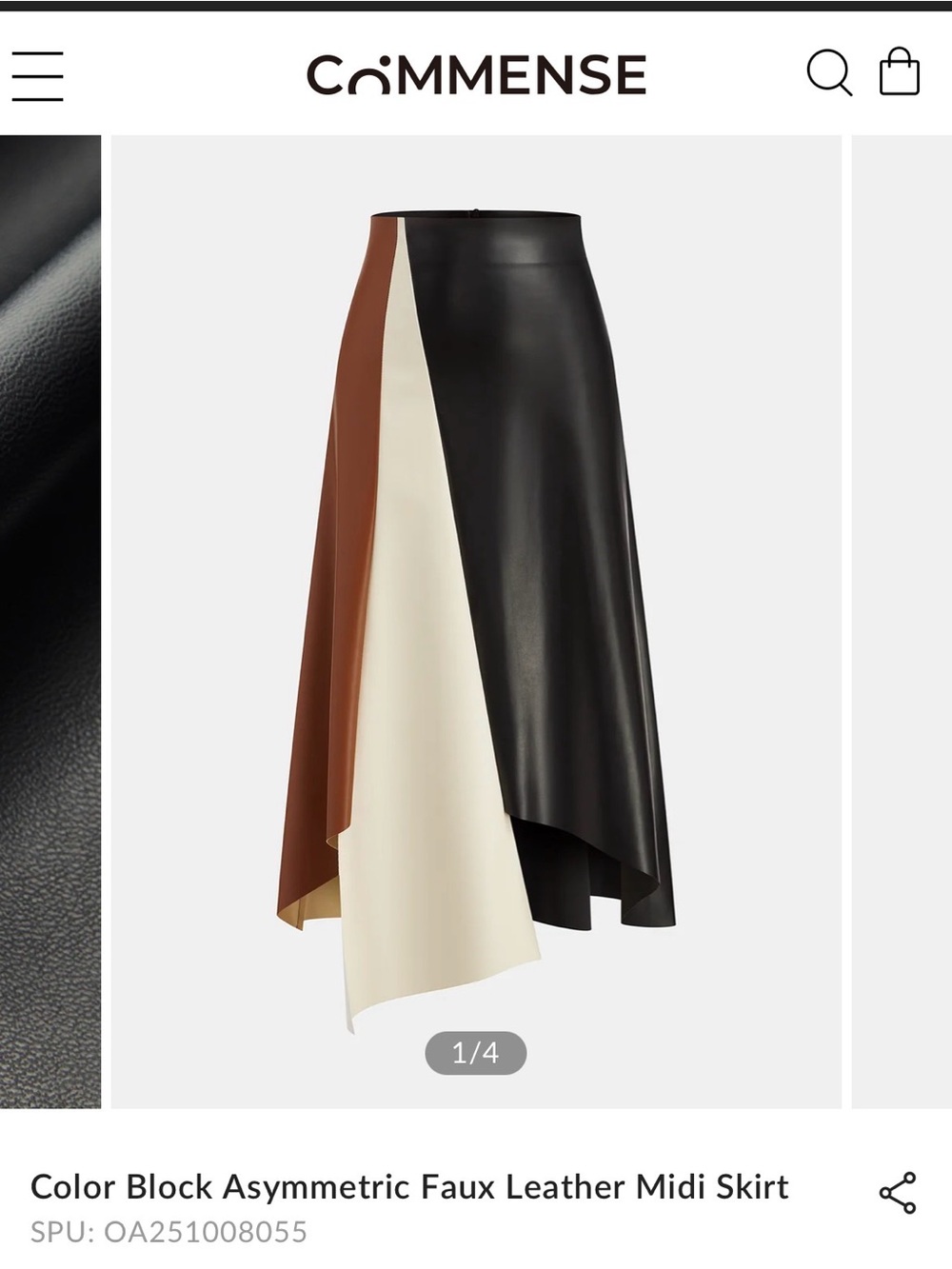 Commense Asymmetric Colorblock Faux Leather Midi Skirt — Black, Cream, Brown